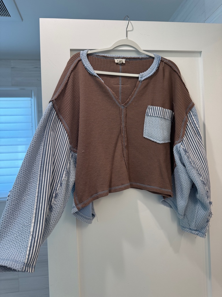 Pol Brown And Light Blue V-Neck Mixed-Media Sweater